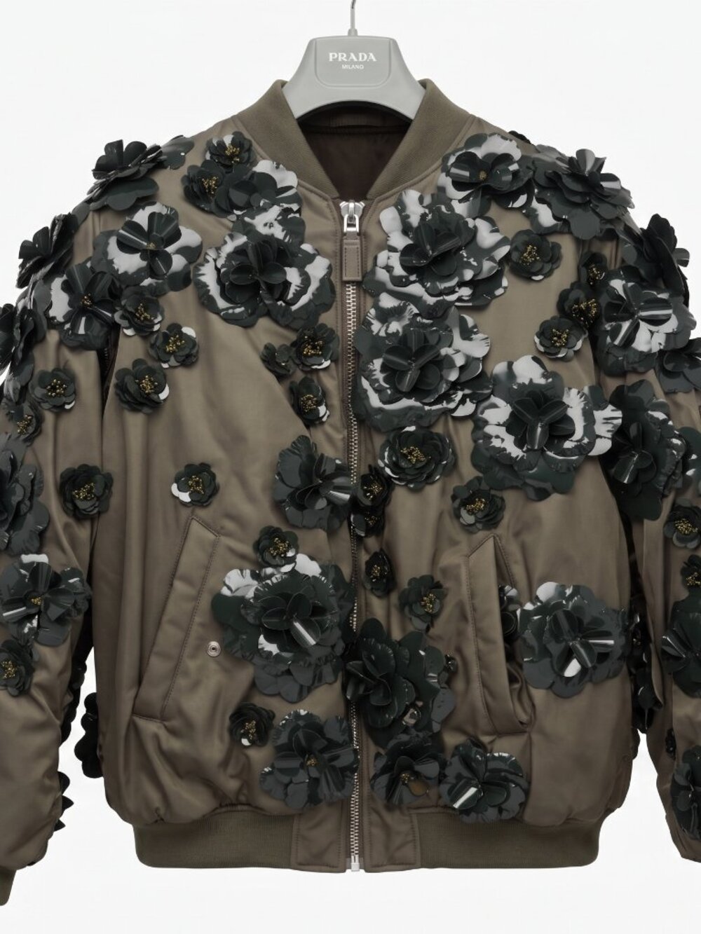 PRADA FW22 Runway 3D Floral Appliqué Re-Nylon Oversized Bomber Jacket